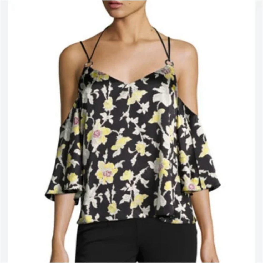 Cinq à Sept | Rayna Silk Floral Cold Shoulder Top Black Yellow – Size S - EUC